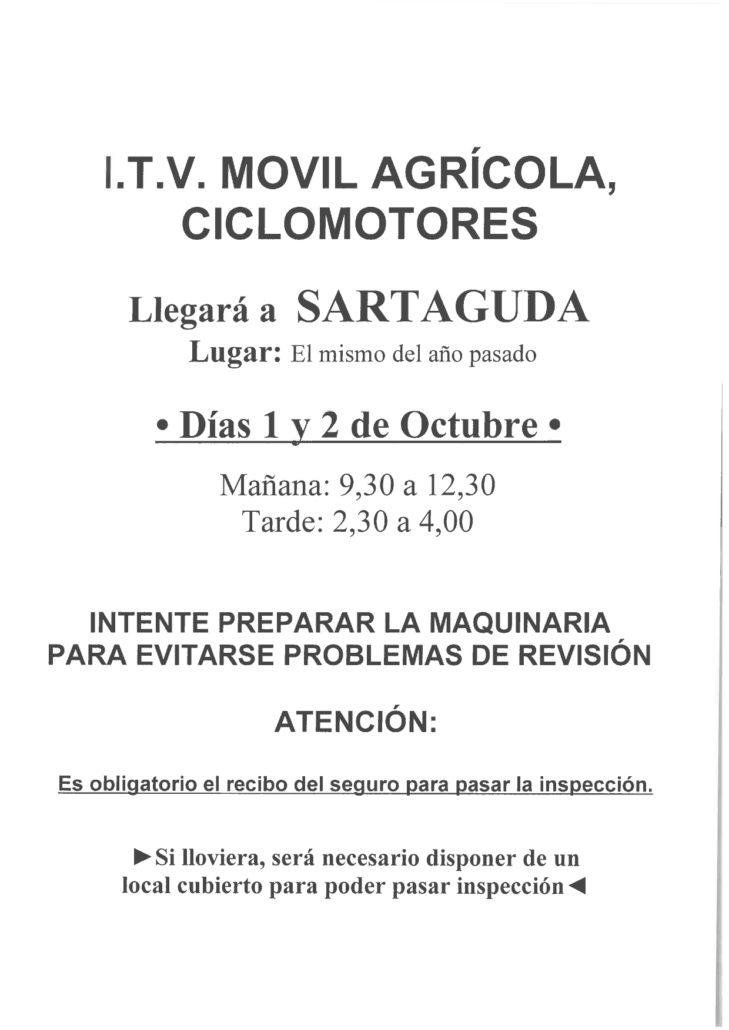 Días 1 y 2 de Octubre: I.T.V. Movil agrícola