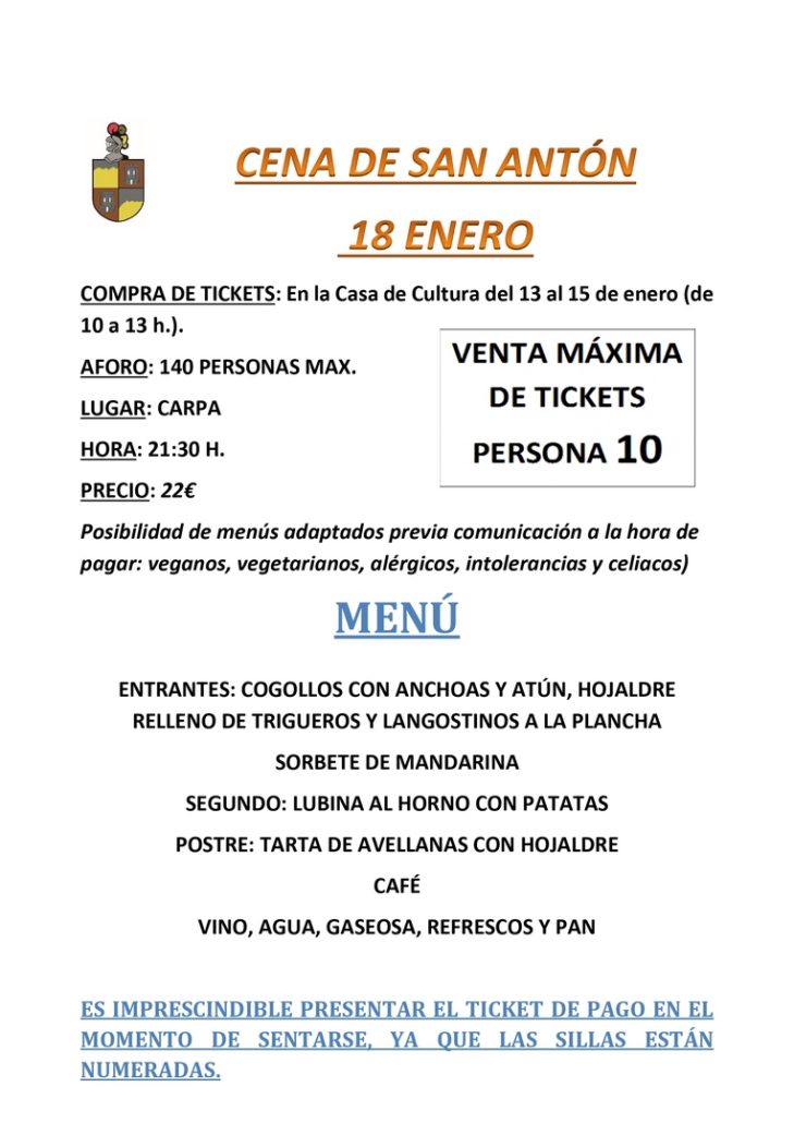 Cena de San Antón en la Carpa el día 18 de Enero a las 21:30