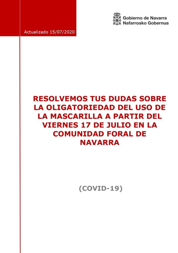 Revolvemos tus dudas sobre la obligatoriedad del uso de la mascarilla a partir del viernes 17 de julio en Navarra.