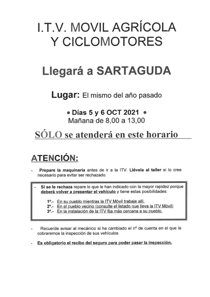 I.T.V Móvil Agrícola y ciclomotores llegará a Sartaguda. Días 5 y 6 de octubre 2021 de 8:00 a 13:00