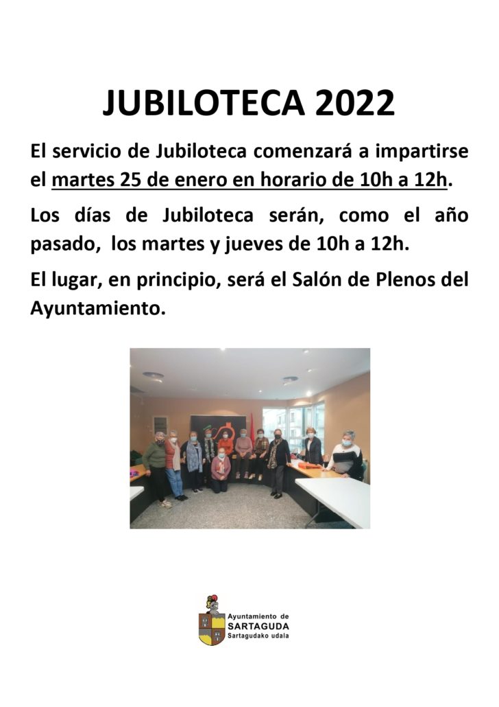 El servicio de Jubiloteca comenzará a impartirse el martes 25 de enero en horario de 10h a 12h.