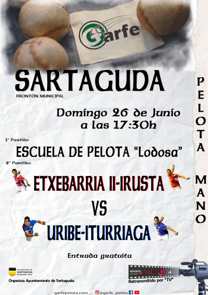 Partidos de Pelota mano en Sartaguda, domingo 26 de Junio a las 17:30 horas, la entrada es gratuita.