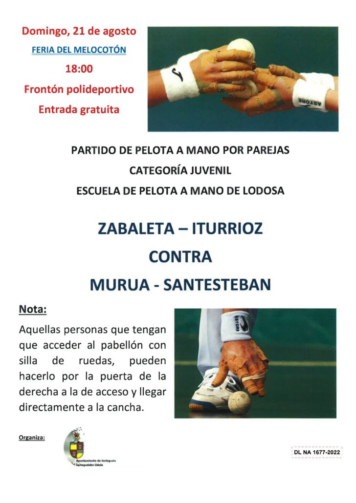 Partido de pelota mano por parejas en categoría juvenil, domingo 21 de agosto a las 18:00 horas en el frontón polideportivo.