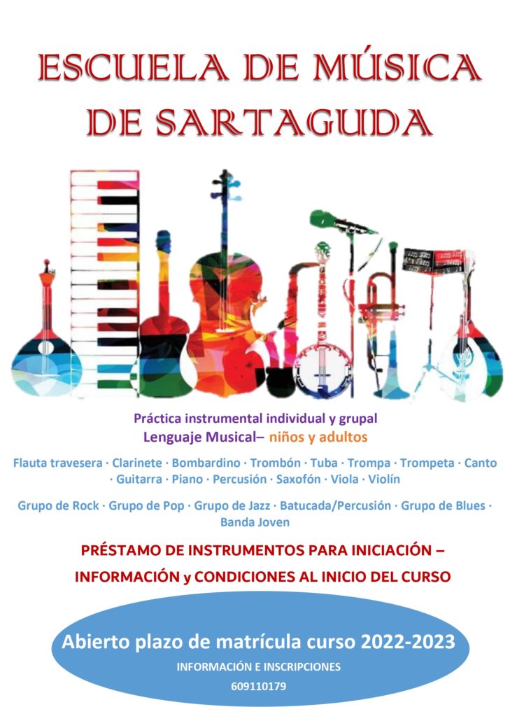Escuela de música de Sartaguda, abierto el plazo de matrícula para el curso 2022/2023, información e inscripciones llamar al 609 11 01 79.