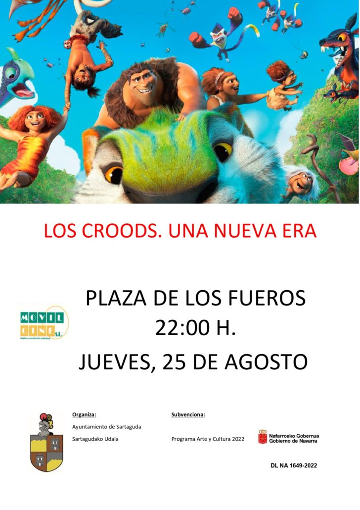 El ayuntamiento informa: Cine Los Croods Una nueva era, en la plaza de los fueros, a las 22:00 horas el jueves 25 de agosto.