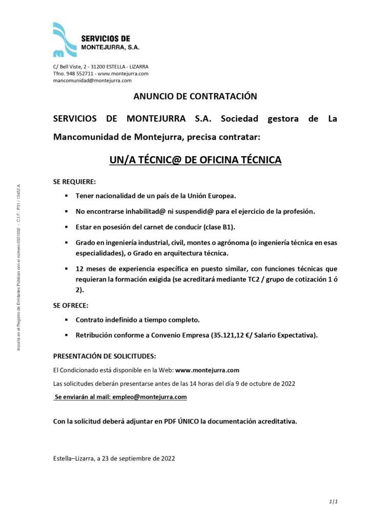 Anuncio de contratación de un tecnic@ en servicios de Montejurra sociedad gestora de la mancomunidad de Montejurra.