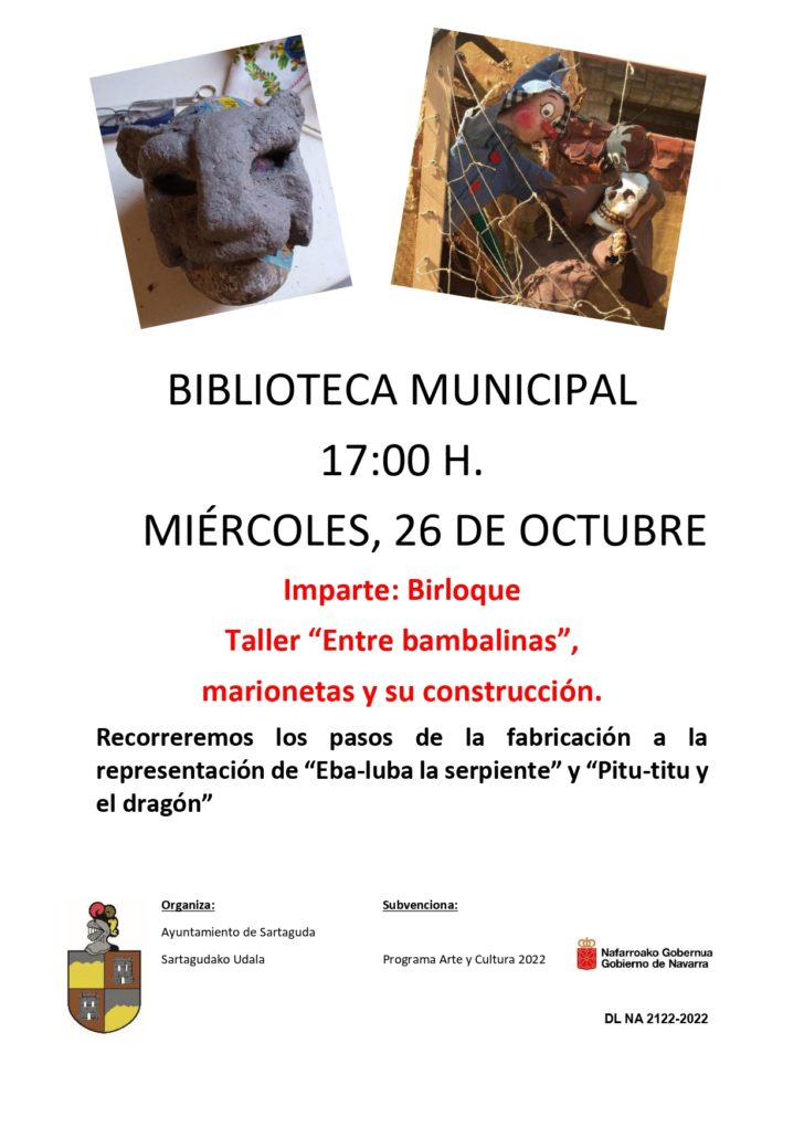 Taller de marionetas y la fabricación de las mismas el miércoles 26 de octubre a las 17:00 horas en la biblioteca municipal.