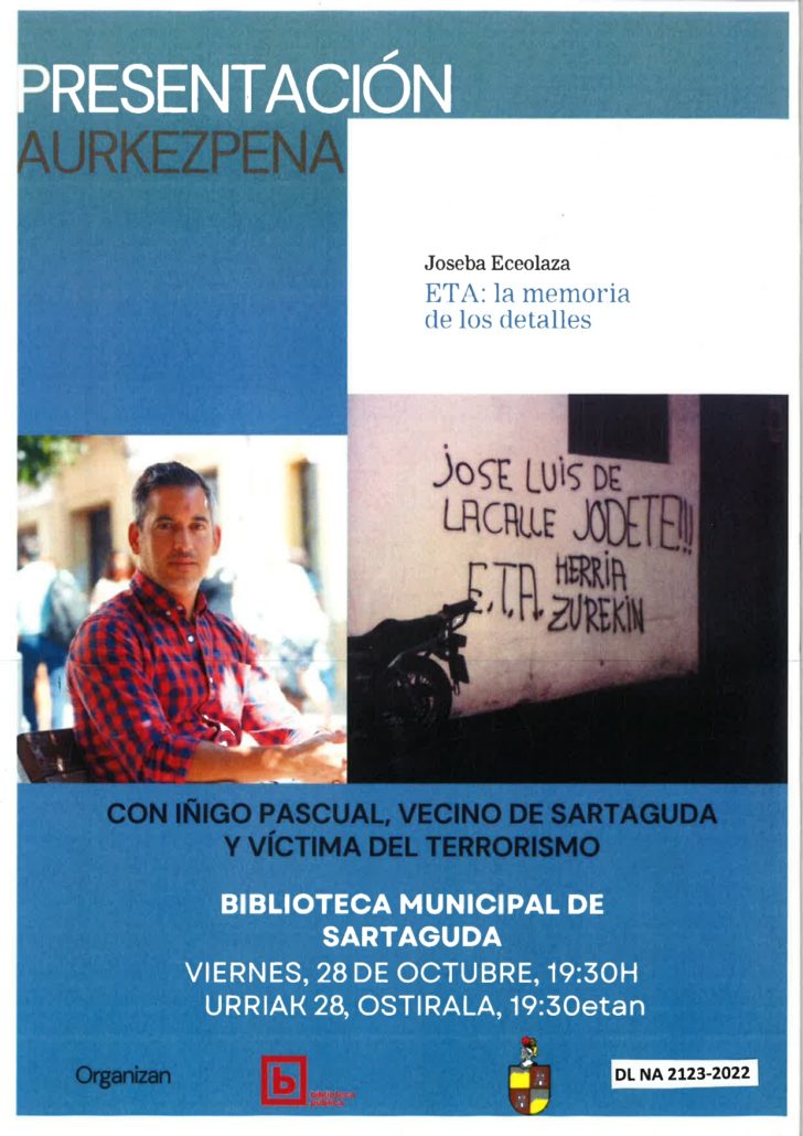 Presentación ETA La memoria de los detalles con Iñigo Pascual, vecino de Sartaguda y víctima del terrorismo.