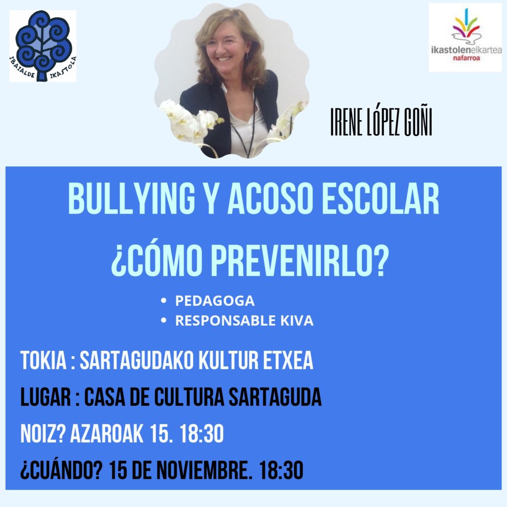 El ayuntamiento de Sartaguda informa sobre la celebración de una charla sobre el bullying y el acoso escolar, 15 de noviembre a las 18:30 horas, en la casa de cultura.