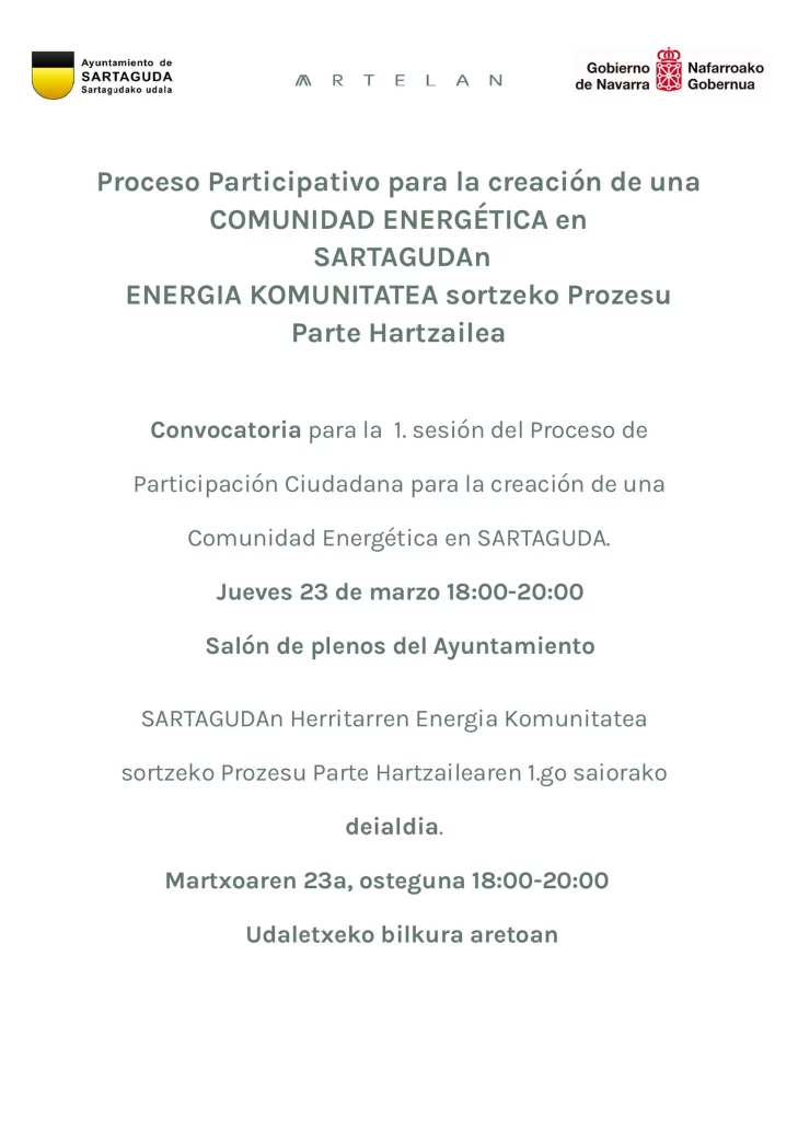Convocatoria 1. sesión Comunidad Energética SARTAGUDA