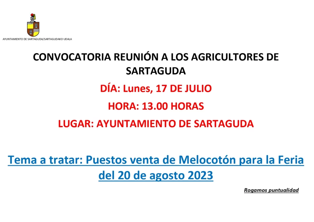CONVOCATORIA REUNIÓN A LOS AGRICULTORES DE SARTAGUDA MELOCOTÓN 2023