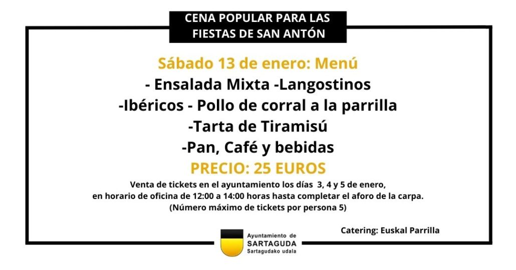 El Ayuntamiento de Sartaguda os informa que las entradas para la cena de la Monlora han sido completamente agotadas.