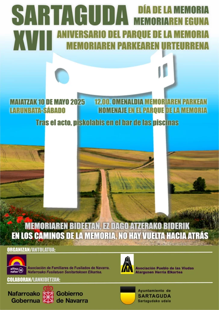 Homenaje en Sartaguda por el XVII Día de la Memoria, el 10 de mayo de 2025 en el Parque de la Memoria. ¡No hay vuelta hacia atrás!