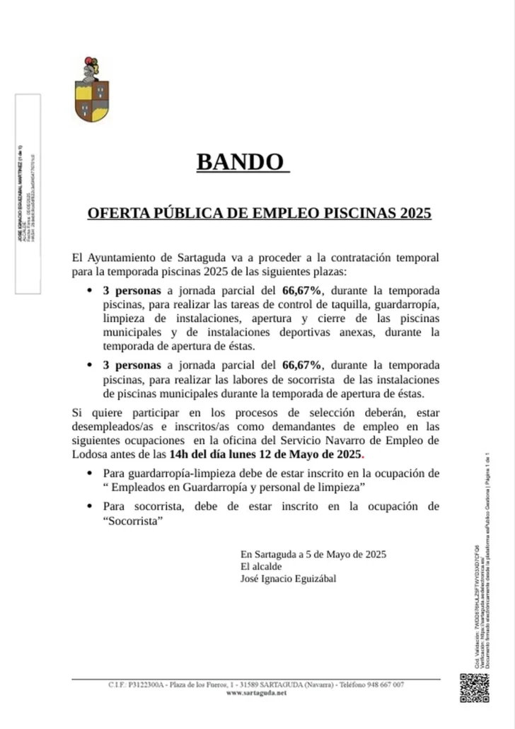 El Ayuntamiento de Sartaguda informa que se abre el proceso de contratación temporal para cubrir seis plazas.