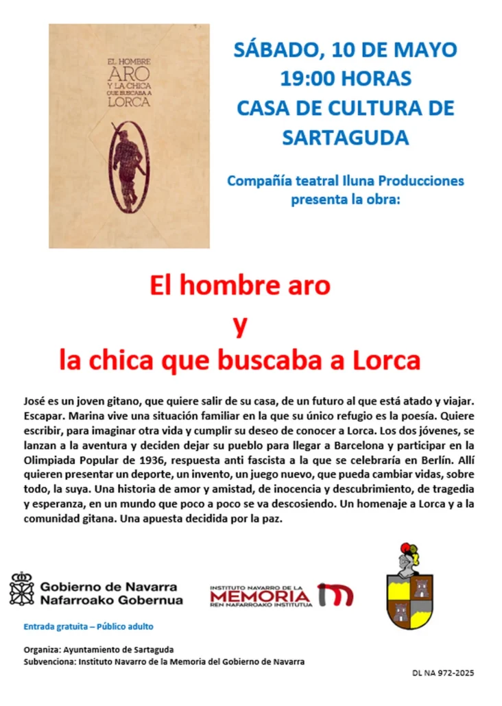 El sábado 10 de mayo a las 19:00 h en la Casa de Cultura de Sartaguda, la compañía Iluna Producciones presenta una emotiva.