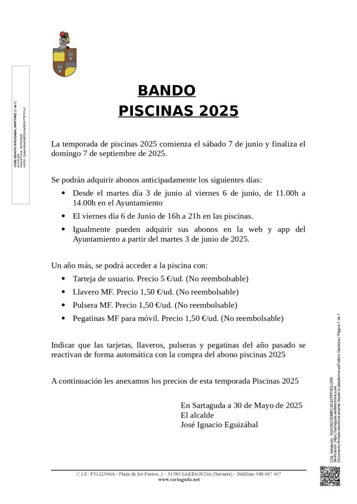 Disfruta la temporada de piscinas 2025 en Sartaguda del 7 de junio al 7 de septiembre. Adquiere tu abono online o en taquilla.