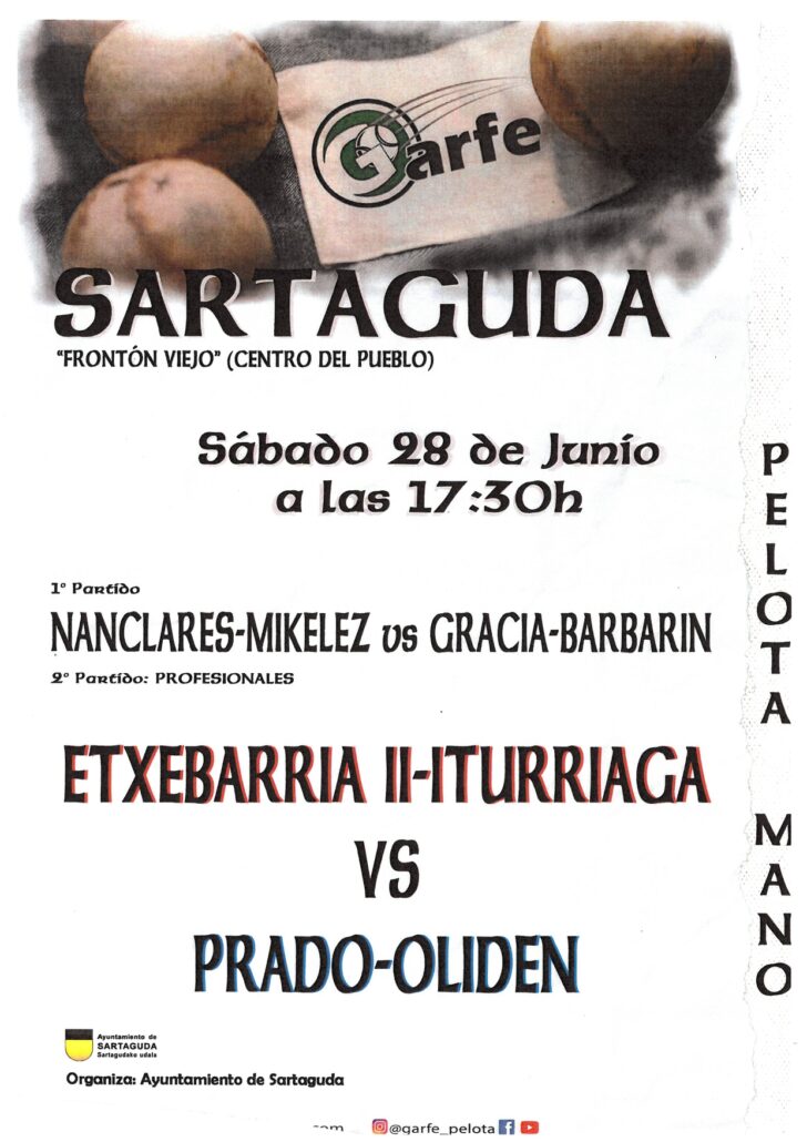 Gran tarde de pelota mano en Sartaguda el sábado 28 de junio a las 17:30. Dos partidos, ambiente familiar y entrada gratuita.