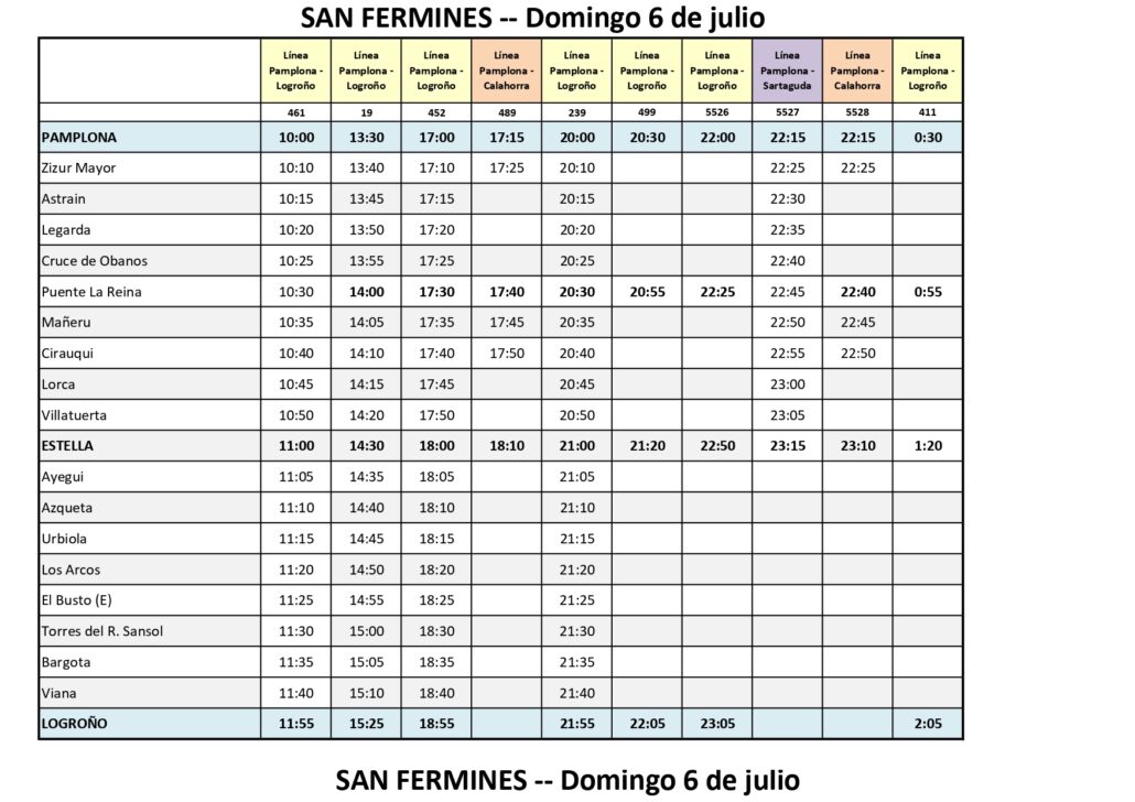 Vive San Fermín: buses express Pamplona-Logroño-Estella todo el 6 de julio, salidas desde las 7:30 hasta las 2:05, ida y vuelta.
