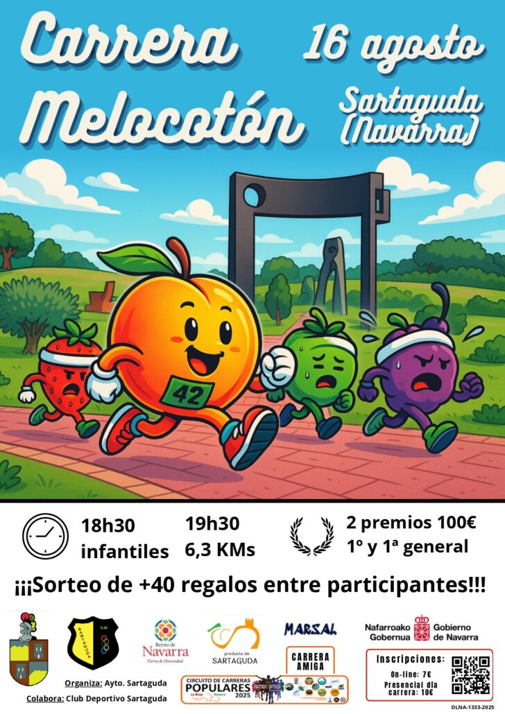 🍑 ¡Llega la Carrera del Melocotón 2025! El 16 de agosto en Sartaguda. Infantil a las 18:30 y adultos a las 19:30. ¡Corre, disfruta y gana!