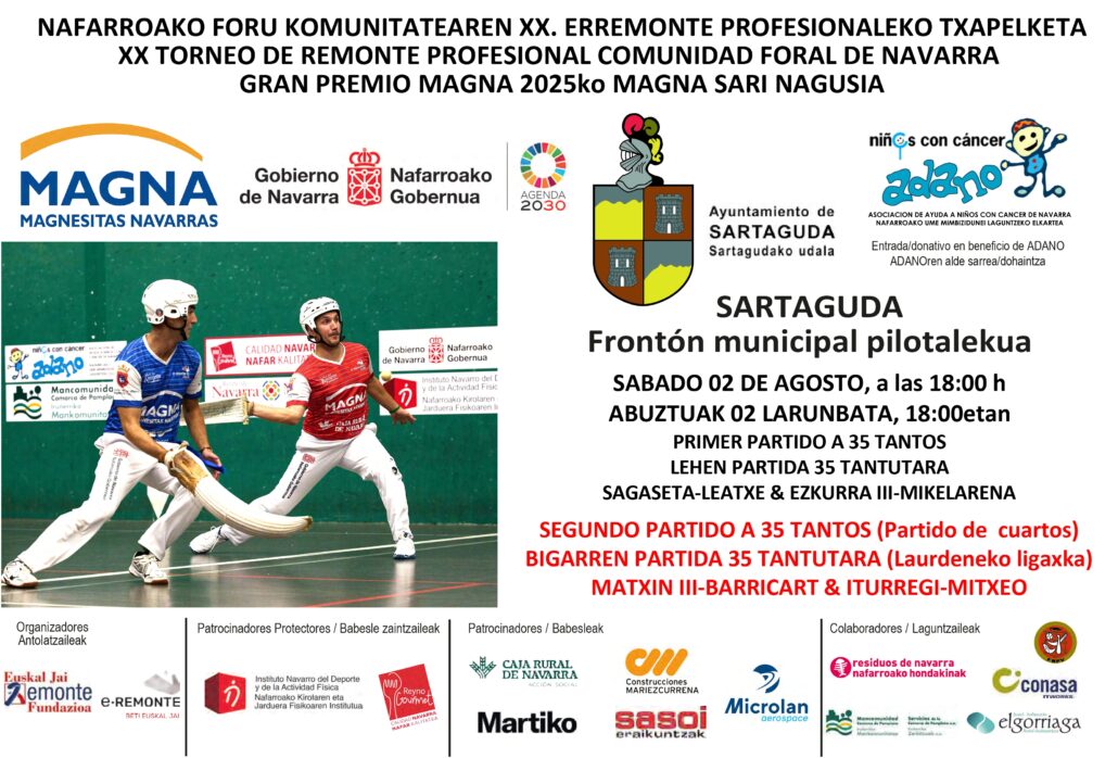 Disfruta del XX Torneo de Remonte Profesional en Sartaguda el 2 de agosto de 2025 a las 18:00 h, con entrada solidaria a favor de ADANO.