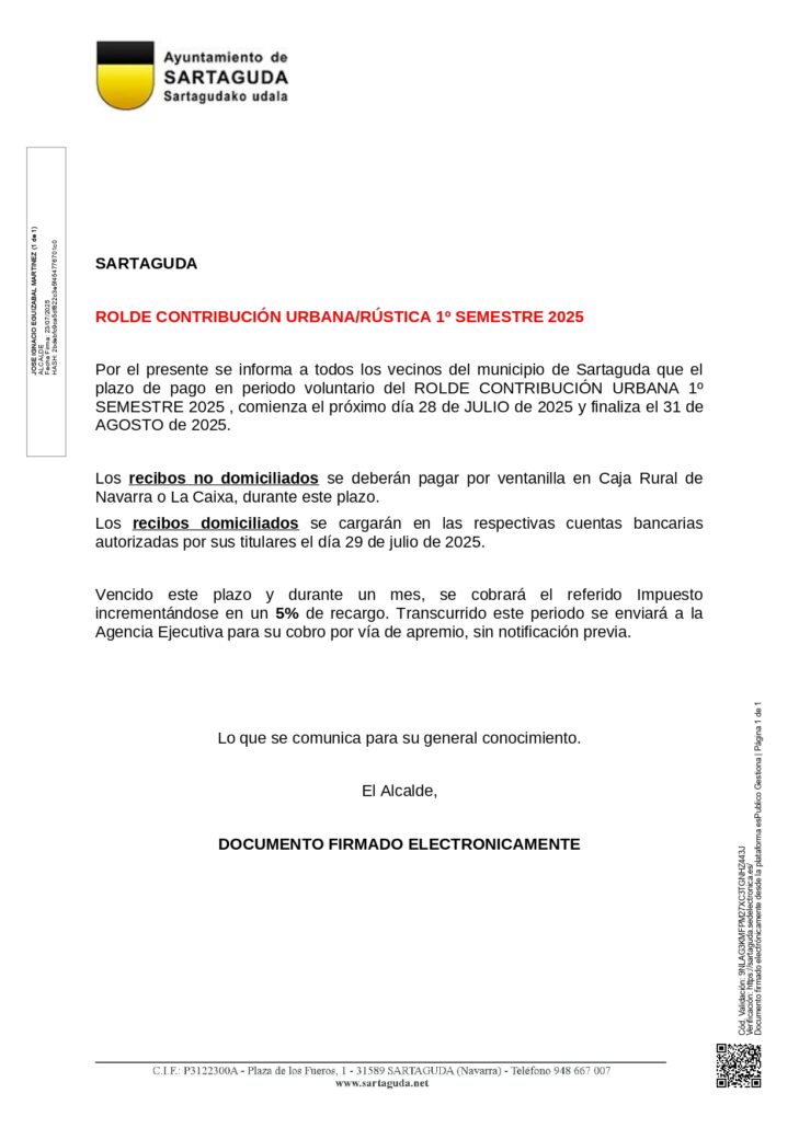 Abierto el plazo del Rolde de Contribución Urbana/Rústica en Sartaguda: del 28 de julio al 31 de agosto de 2025. ¡Evita recargos!
