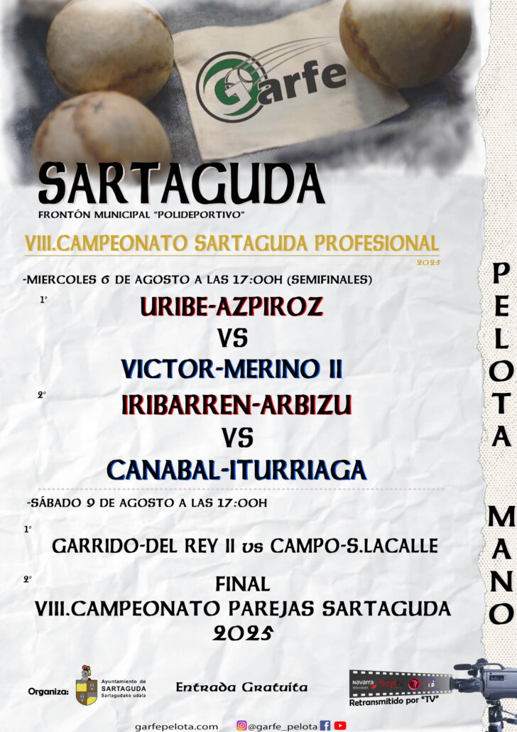 Disfruta del mejor frontón en Sartaguda: semifinales el 6 y final el 9 de agosto. Entrada gratuita. ¡Vive la emoción de la pelota!