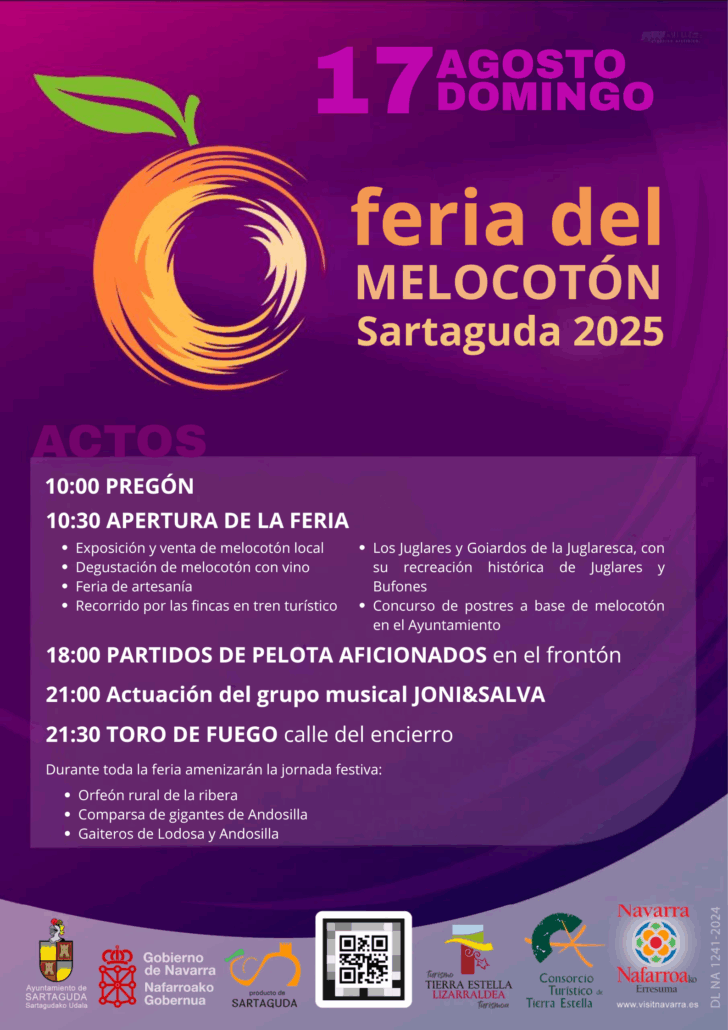 🍑 El 17 de agosto se celebra en Sartaguda la Feria del Melocotón 2025: tradición, música, tren turístico, artesanía y toro de fuego.