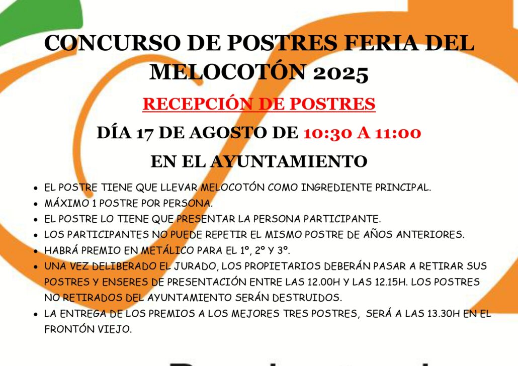 Participa en el Concurso de Postres de la Feria del Melocotón 2025 🍑. ¡Demuestra tu talento el 17 de agosto y gana premios en metálico!