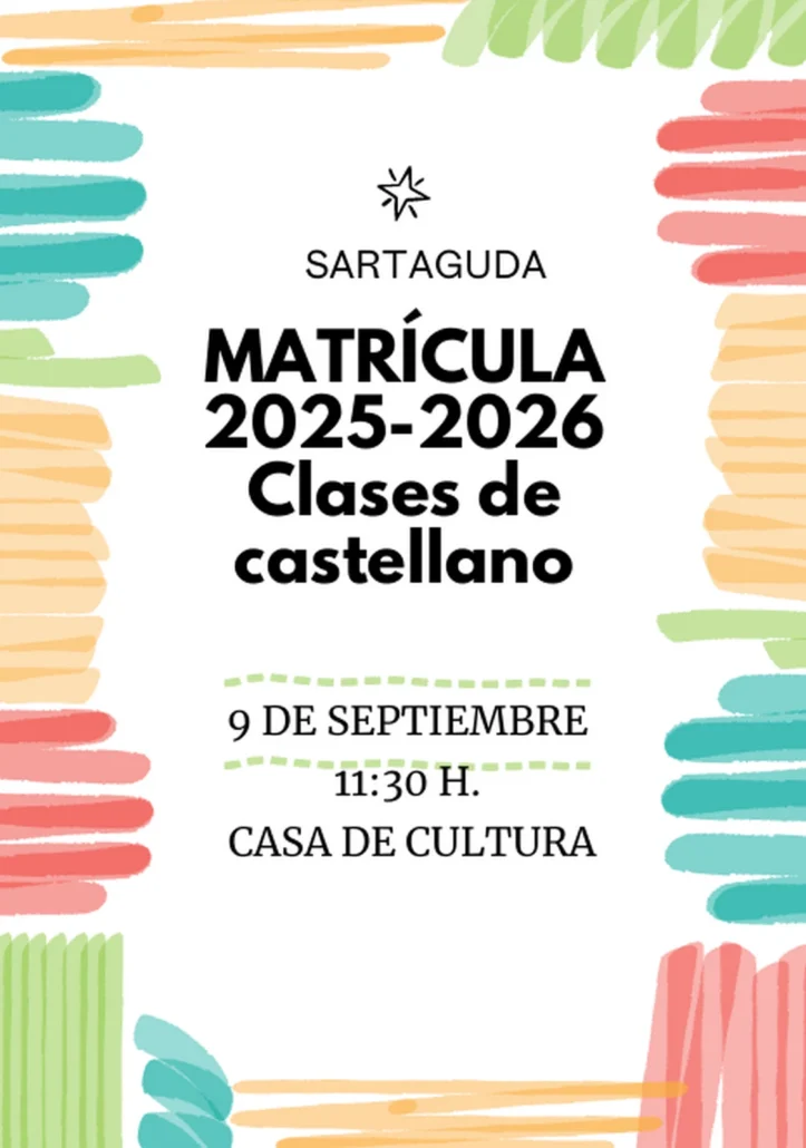 El próximo 9 de septiembre a las 11:30 h en la Casa de Cultura de Sartaguda se abrirá el plazo de matrícula para las clases de castellano del curso 2025-2026.