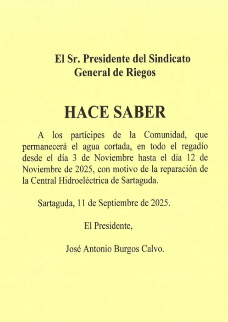 Se informa a la Comunidad que el suministro de agua permanecerá cortado en todo el regadío desde el 3 hasta el 12 de noviembre.