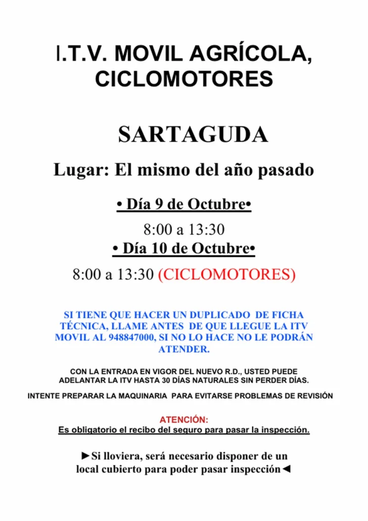 ITV móvil agrícola y ciclomotores en Sartaguda los días 9 y 10 de octubre. Consulta horarios, requisitos y cómo adelantar tu inspección.
