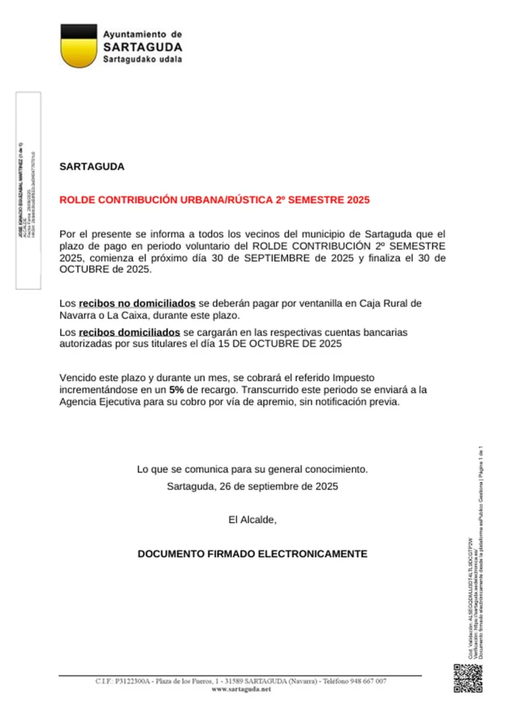 El Ayuntamiento de Sartaguda informa del plazo de pago del Rolde Contribución Urbana/Rústica 2º semestre 2025: del 30 de septiembre al 30 de octubre.