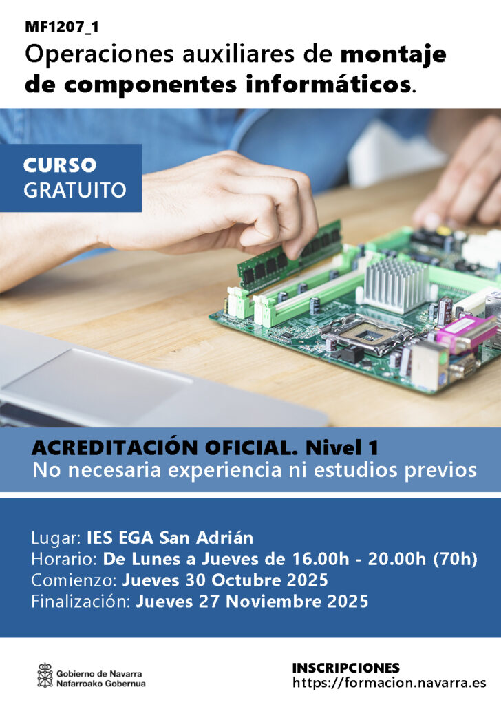 Curso gratuito de Operaciones auxiliares de montaje de componentes informáticos (Nivel 1) en el IES EGA de San Adrián.