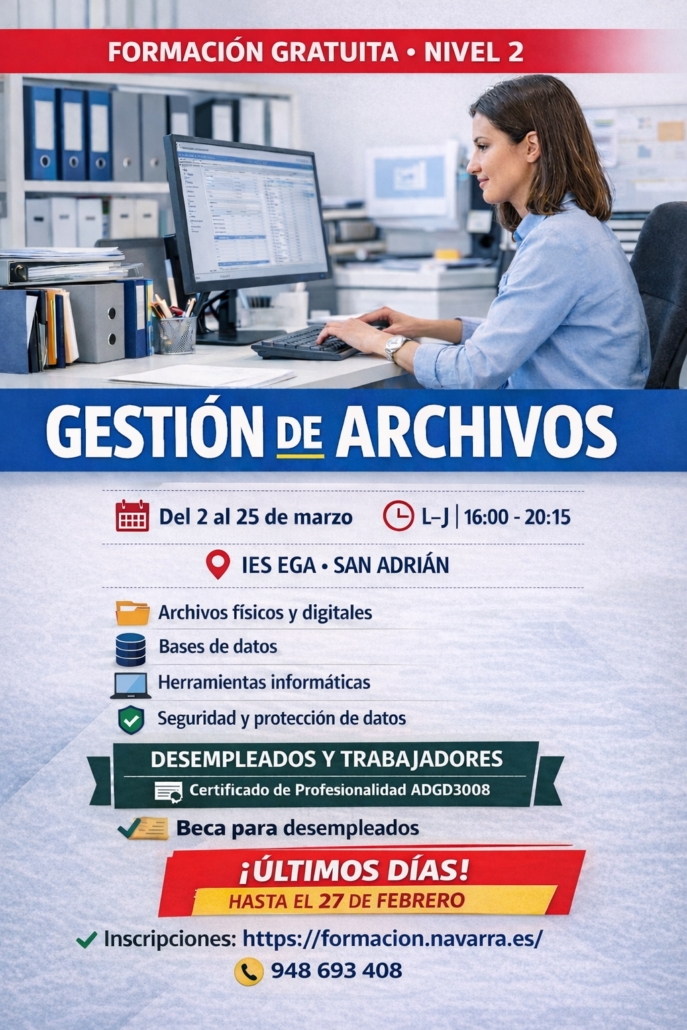 Abierto el plazo de inscripción para el curso gratuito Gestión de Archivos (Nivel 2), una formación oficial dirigida a personas desempleadas