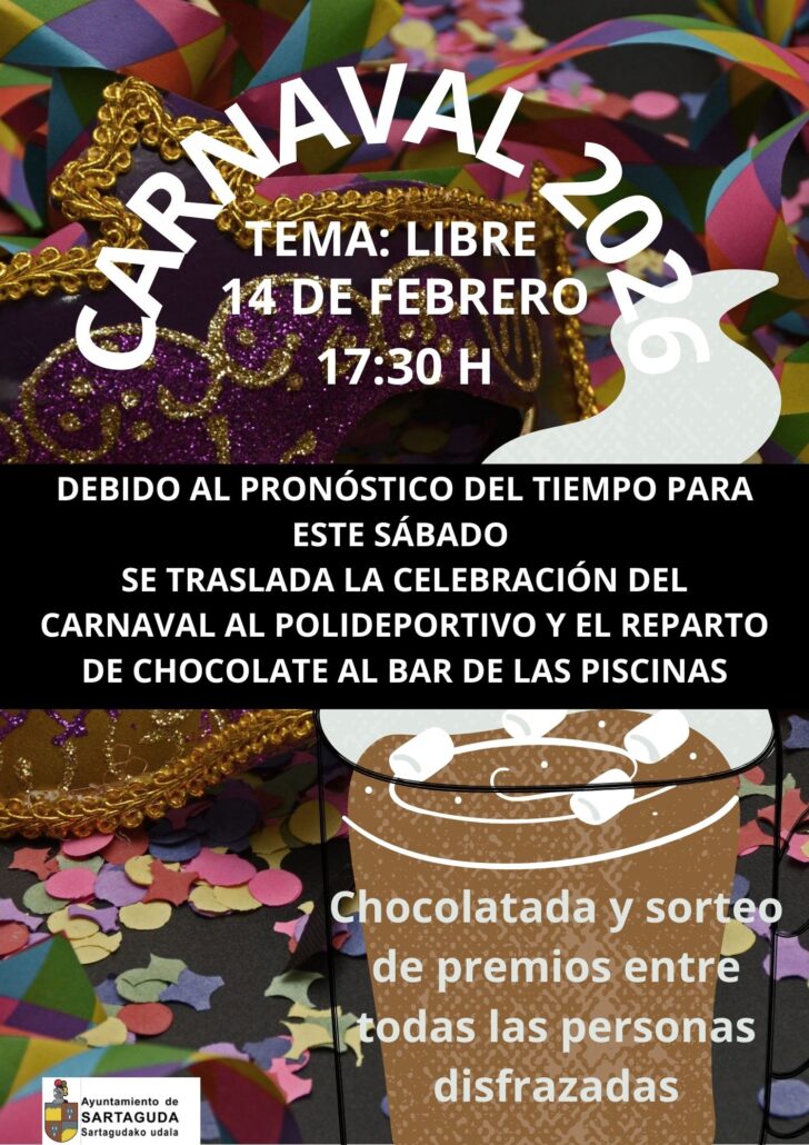 Debido al pronóstico del tiempo para este sábado, la celebración del Carnaval se traslada al polideportivo. El reparto de chocolate tendrá lugar en el bar de las piscinas.
