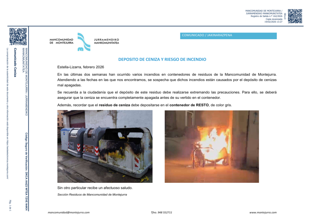 En las últimas semanas se han producido varios incendios en contenedores de residuos. Todo apunta a que estos incidentes han sido causados por el depósito de cenizas mal apagadas.