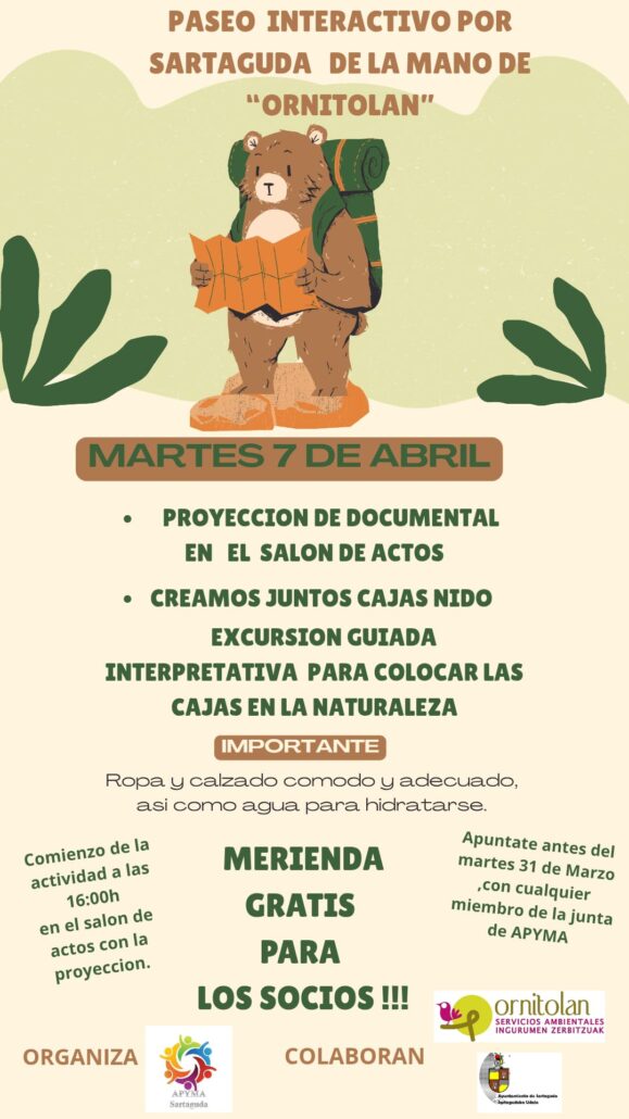 Paseo interactivo por Sartaguda con Ornitolan• Fecha: Martes 7 de abril• Inicio: 16:00 h en el salón de actos (proyección de documental).