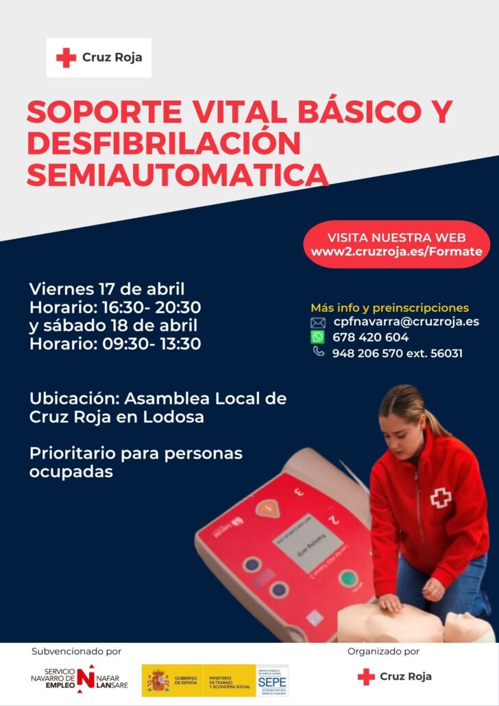Consulta los próximos cursos de Cruz Roja en Lodosa: resolución de conflictos, manipulación de alimentos y soporte vital básico con desfibrilación semiautomática.