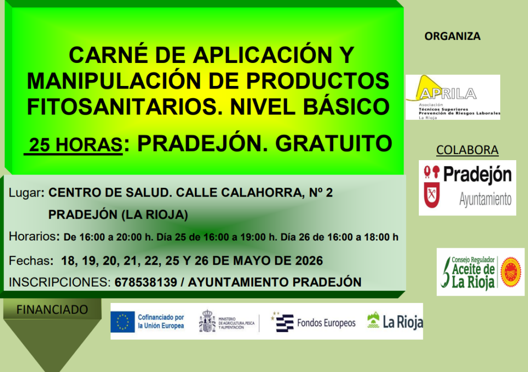 Pradejón acogerá un curso gratuito de 25 horas para la obtención del carné de aplicación y manipulación de productos fitosanitarios, nivel básico.
