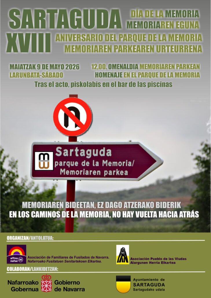 El sábado 9 de mayo de 2026 se celebrará en Sartaguda el Día de la Memoria y el XVIII Aniversario del Parque de la Memoria.