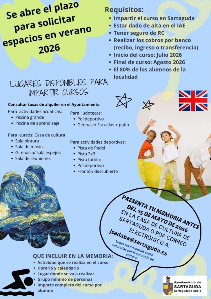 El Ayuntamiento de Sartaguda informa de la apertura del plazo para solicitar espacios municipales destinados a la impartición de cursos durante el verano de 2026.