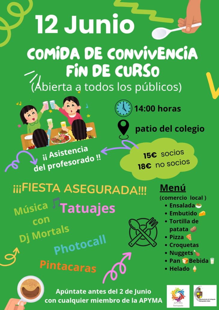 La comida tendrá lugar a las 14:00 horas en el patio del colegio. El menú será de comercio local e incluirá ensalada, embutido, tortilla de patata, pizza, croquetas, nuggets, pan, bebida y helado.