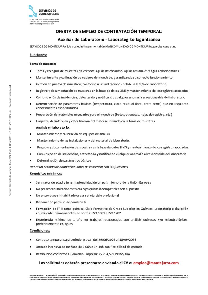 Oferta de empleo temporal para Auxiliar de Laboratorio en Servicios de Montejurra. Toma de muestras, apoyo en análisis y tareas de laboratorio.