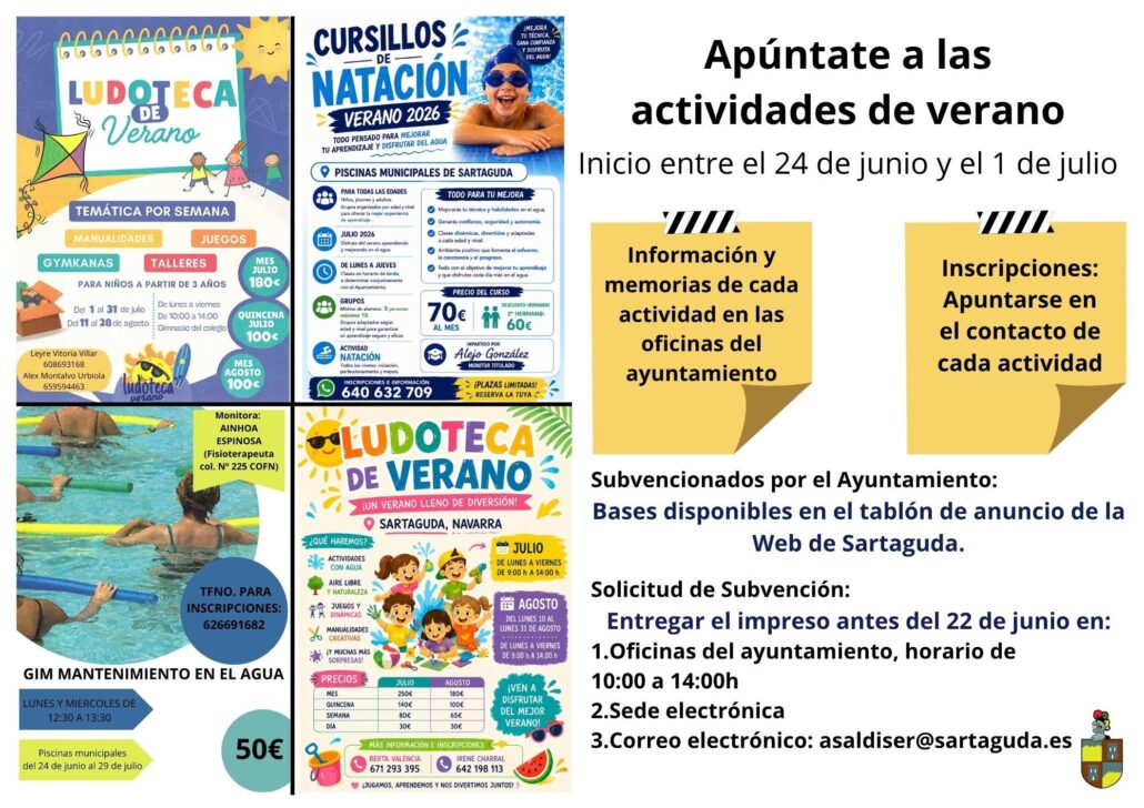 Ya están abiertas las inscripciones para las actividades de verano 2026 en Sartaguda. Consulta la información de cada actividad y solicita la subvención antes del 22 de junio.
