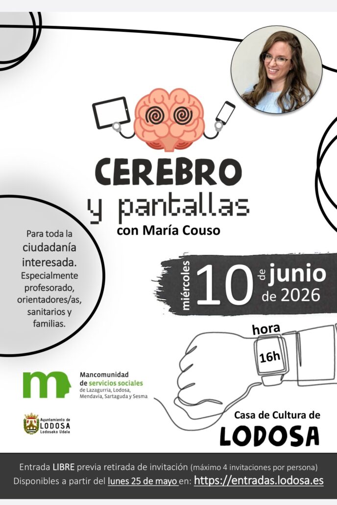 Charla Cerebro y pantallas con María Couso en Lodosa. Miércoles 10 de junio de 2026, 16:00 h, Casa de Cultura. Entrada libre con invitación.