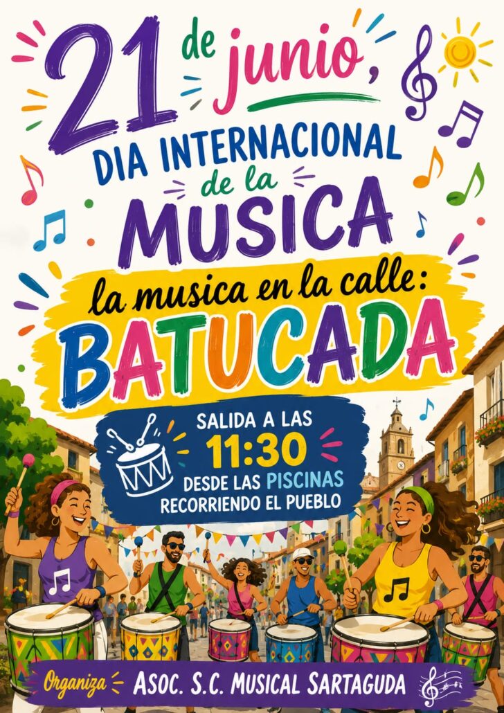 El próximo 21 de junio se celebrará en Sartaguda el Día Internacional de la Música con una animada batucada que recorrerá las calles del pueblo.