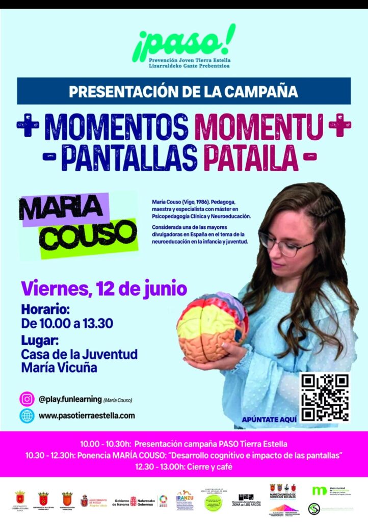 El viernes 12 de junio se presentará la campaña “Momentos Momentu, Pantallas Pataila”, una iniciativa de PASO Tierra Estella sobre el impacto de las pantallas en la infancia y la juventud.