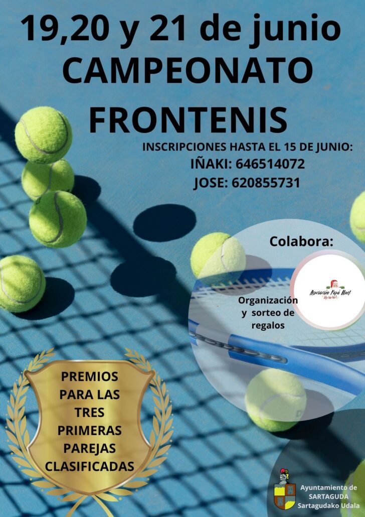 Los días 19, 20 y 21 de junio tendrá lugar el Campeonato de Frontenis en Sartaguda. Las inscripciones estarán abiertas hasta el 15 de junio