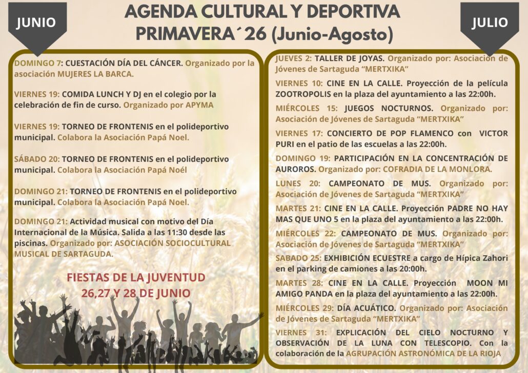Agenda de verano en Sartaguda: cultura, deporte, fiestas y actividades para disfrutar de junio a agosto en el municipio.