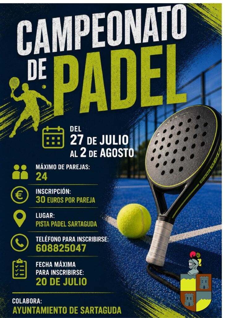 Del 27 de julio al 2 de agosto se celebrará el Campeonato de Pádel en la pista de pádel de Sartaguda.